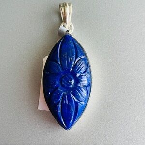 Carved Lapis Lazuli Flower Motiff Sterling Silver Pendant for Necklace